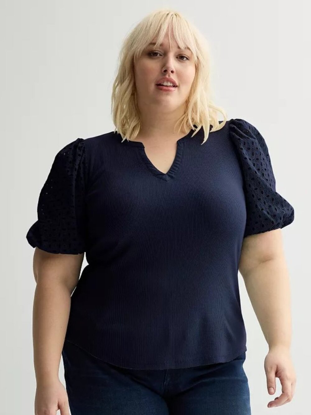 Plus Size Mixed Media Puffed Sleeve Y-Neck Top -Size 4X